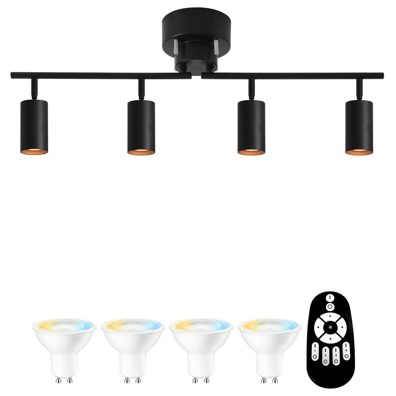PNRLUX シーリングライト おしゃれ 4灯 照明器具 リビング 照明 スポットライト E11口金 調光 調色 シーリングライト 北欧 リビングライト 6畳 8畳 700LM 消費電力6W（60W形相当）リモコン操作 吊り下げ 天井照明 角度調節自由 折りたたみ式 LED電球付き ダイニング インテリアライト ブラック（電池別売）
