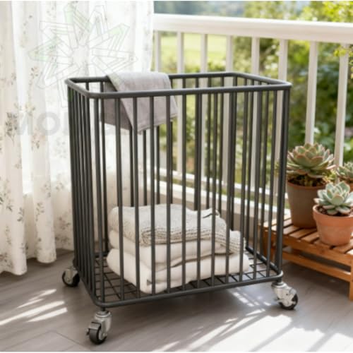 Momgla 金属製 洗濯かご スリムデザイン ホイール付き ラウンド型 バスケット カゴ ランドリー バスケット 浴室や洗濯部屋用 衣類収納 (ゴールデン,メッシュタイプ)