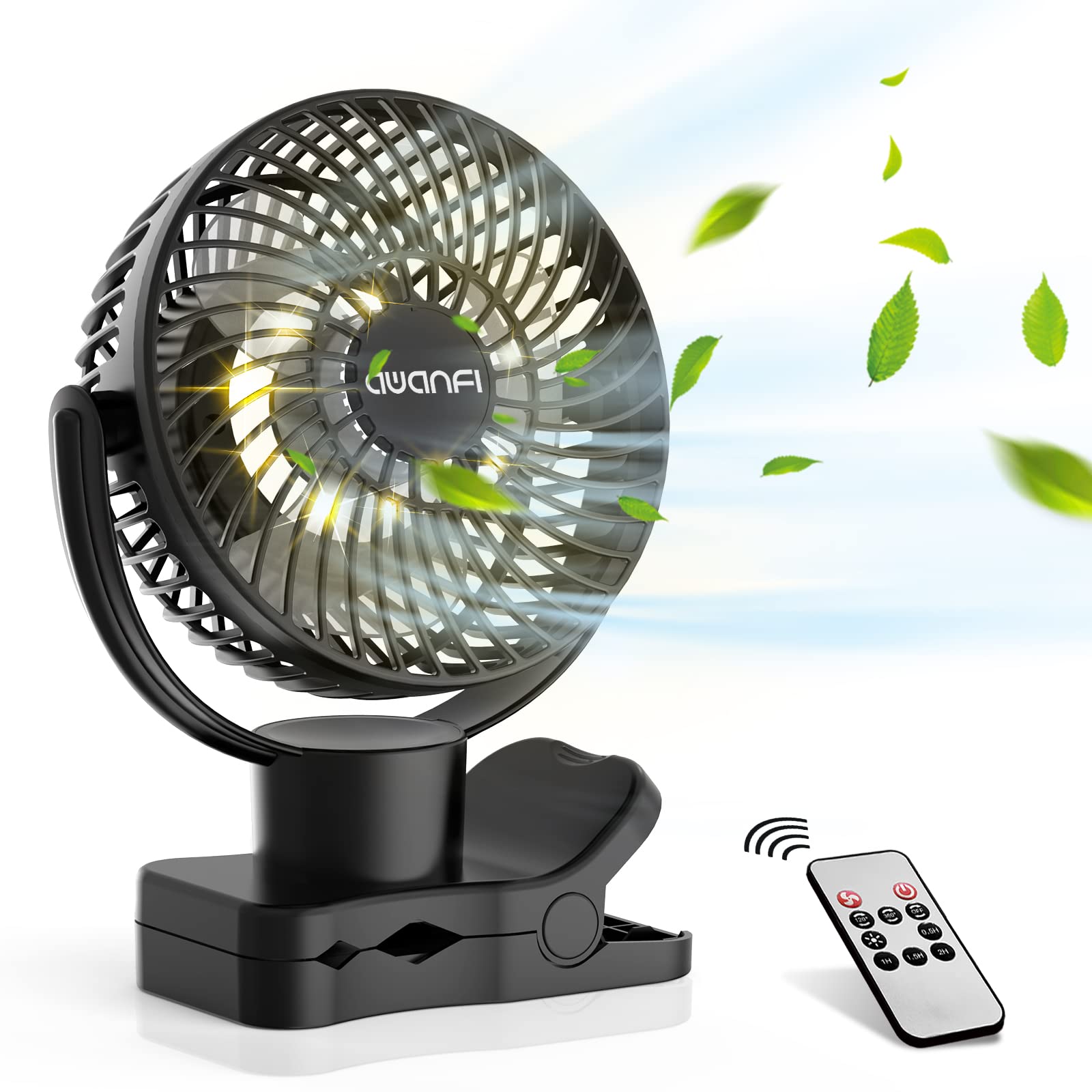 卓上扇風機 クリップ 360度自動首振り 10000mAh USB充電式 リモコン付き 静音 小型 風量調節可能 LEDライト搭載 キャンプ アウトドア 熱中症対策 黒 AWANFI
